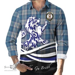 ScotsTee Shop Scottish Menzies Dress Blue and White Clan Crest Tartan Alba Gu Brath Regal Lion Emblem Long Sleeve Shirt