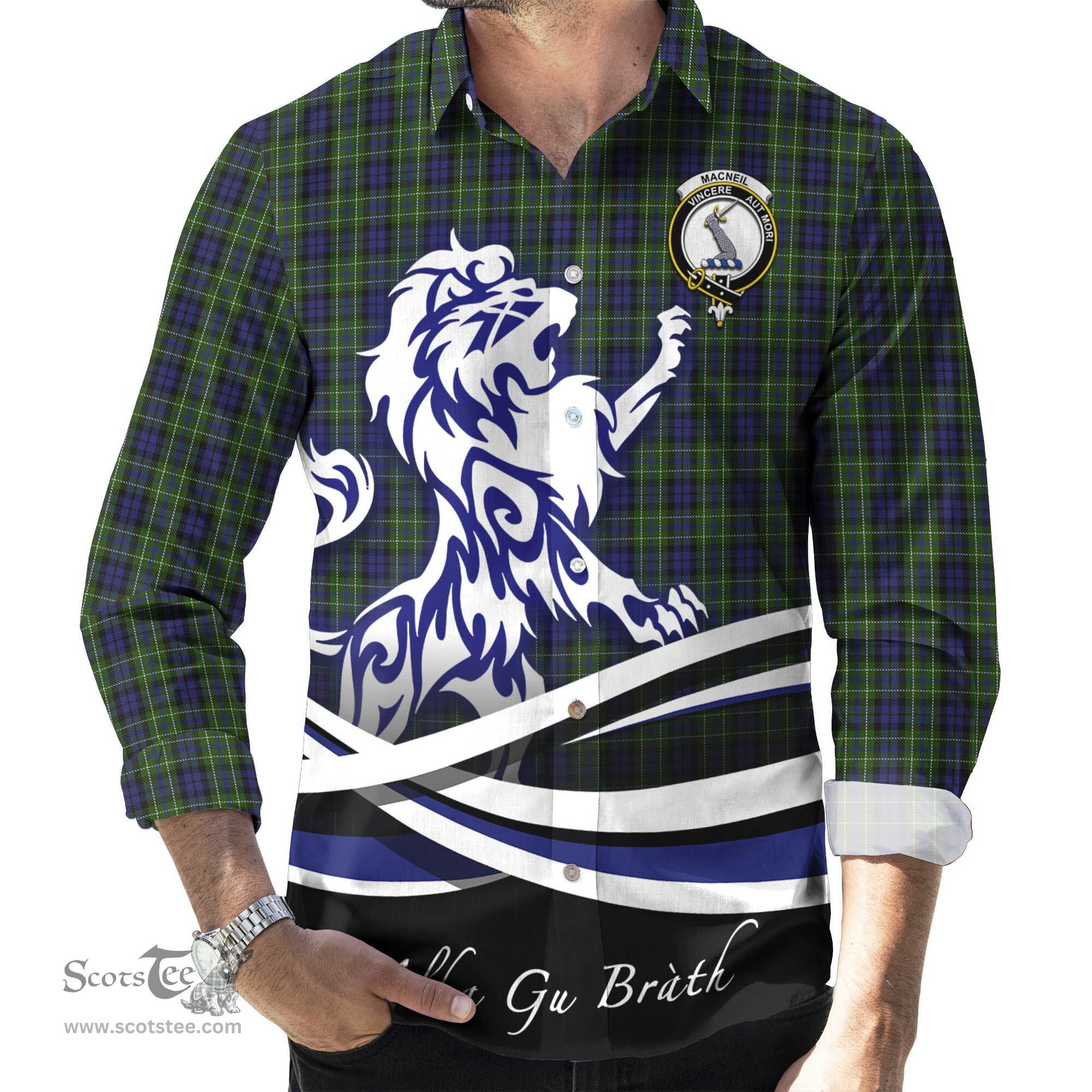 ScotsTee Shop Scottish MacNeil of Colonsay Clan Crest Tartan Alba Gu Brath Regal Lion Emblem Long Sleeve Shirt