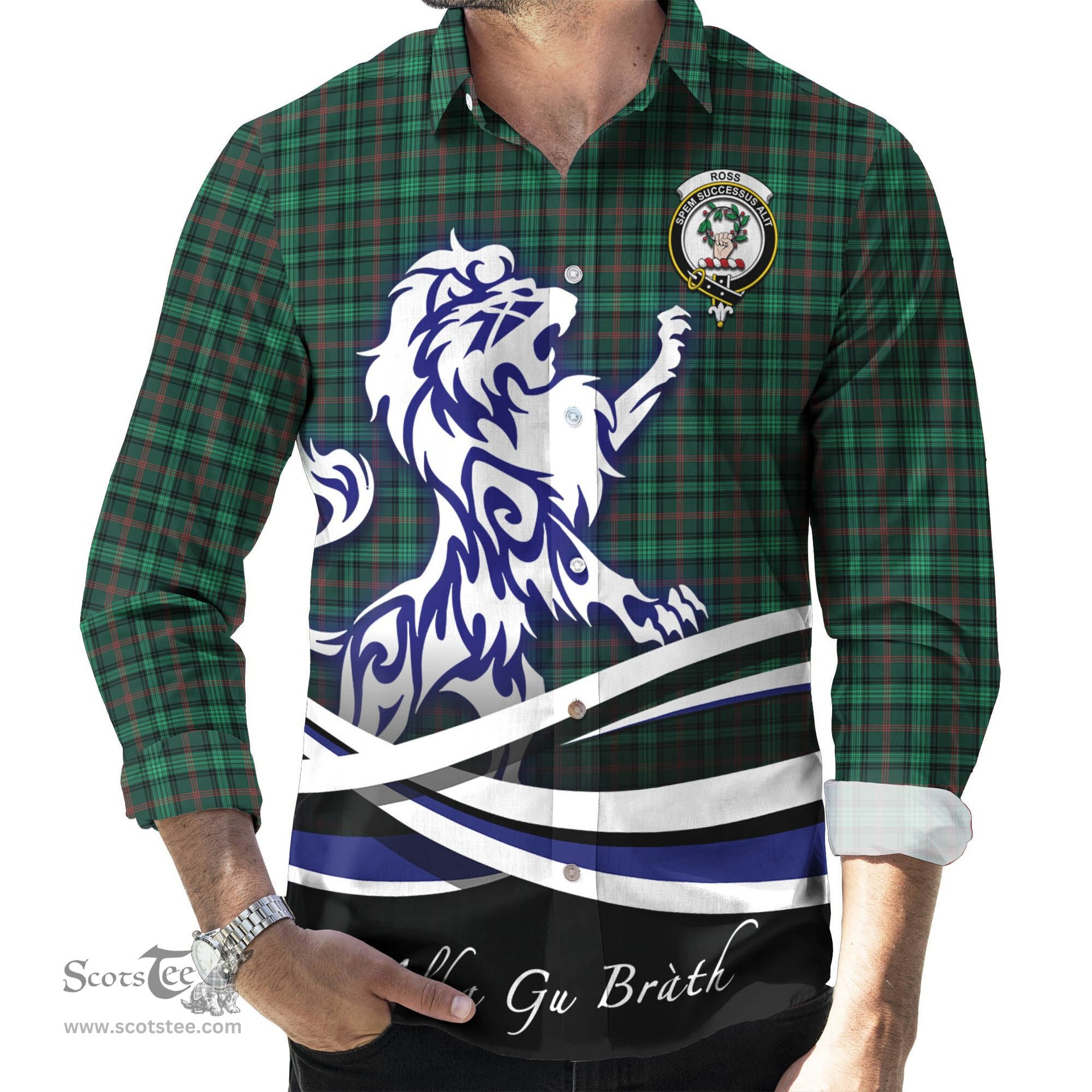 ScotsTee Shop Scottish Ross Hunting Modern Clan Crest Tartan Alba Gu Brath Regal Lion Emblem Long Sleeve Shirt