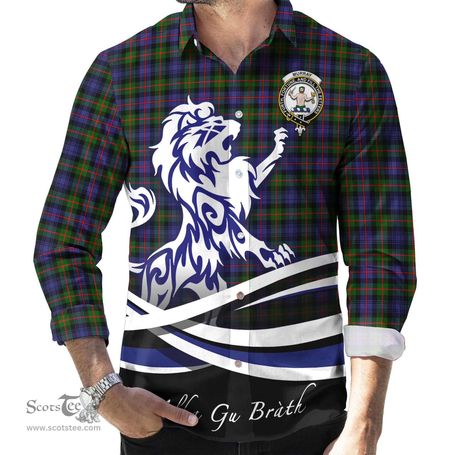 ScotsTee Shop Scottish Murray of Atholl Modern Clan Crest Tartan Alba Gu Brath Regal Lion Emblem Long Sleeve Shirt