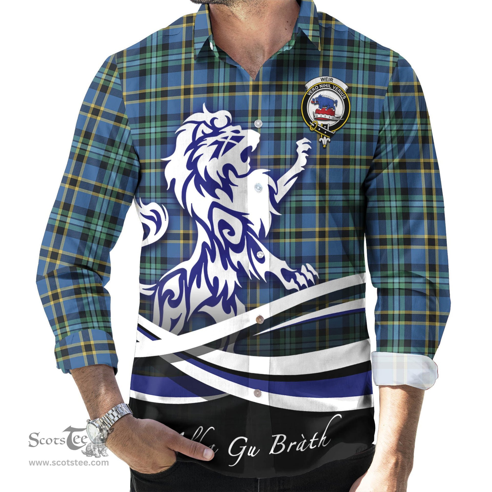 ScotsTee Shop Scottish Weir Ancient Clan Crest Tartan Alba Gu Brath Regal Lion Emblem Long Sleeve Shirt