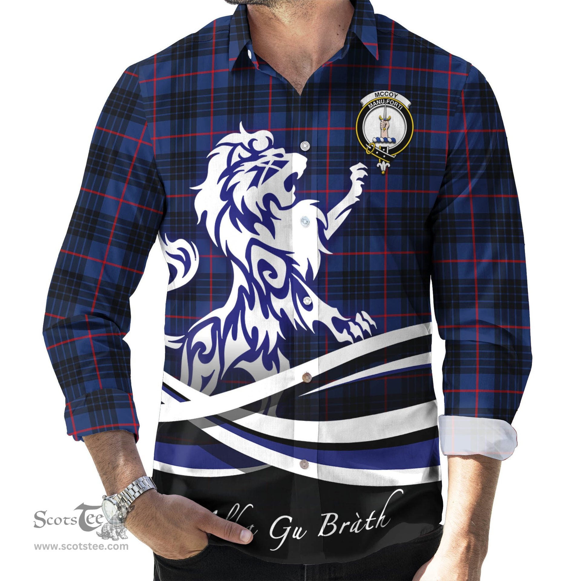 ScotsTee Shop Scottish McCoy Blue Clan Crest Tartan Alba Gu Brath Regal Lion Emblem Long Sleeve Shirt