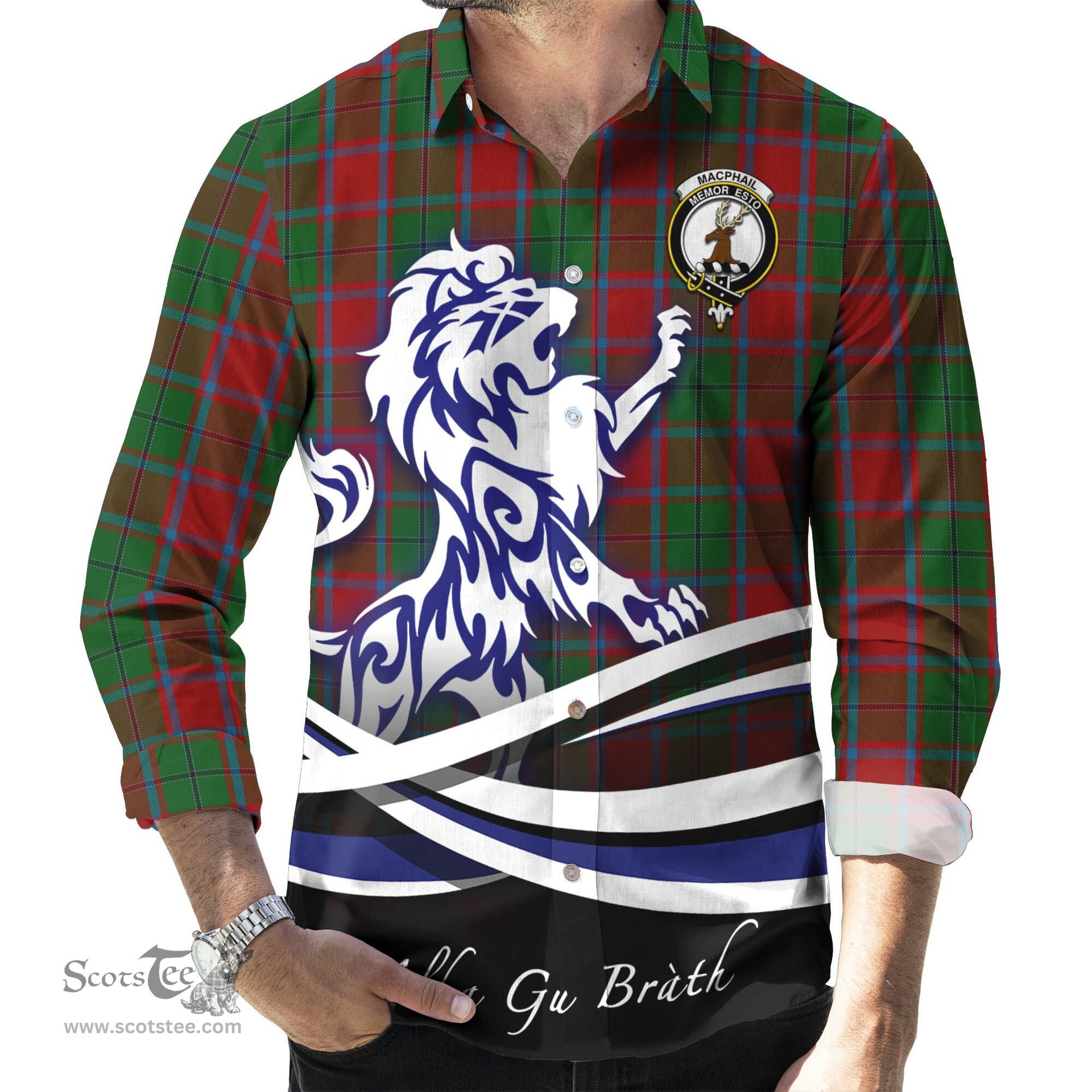 ScotsTee Shop Scottish MacPhail Blue Bands Clan Crest Tartan Alba Gu Brath Regal Lion Emblem Long Sleeve Shirt