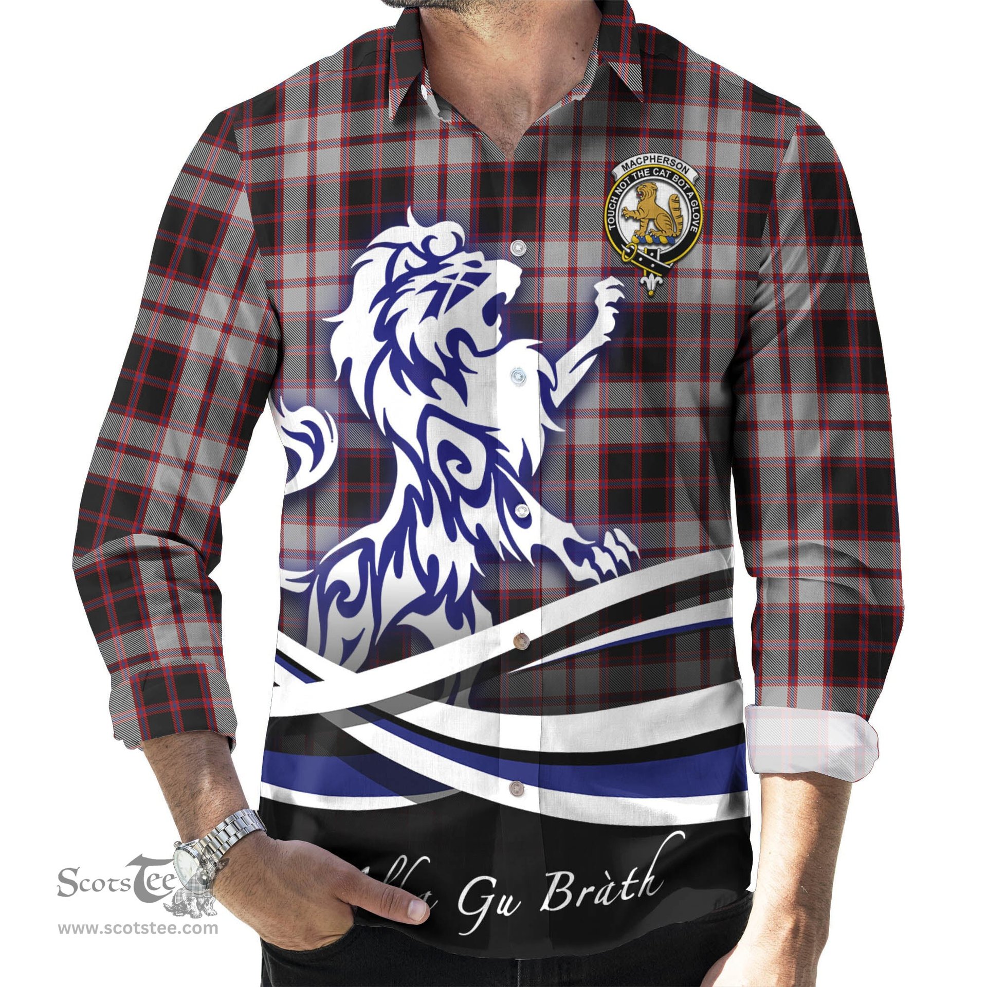 ScotsTee Shop Scottish MacPherson Clan Crest Tartan Alba Gu Brath Regal Lion Emblem Long Sleeve Shirt
