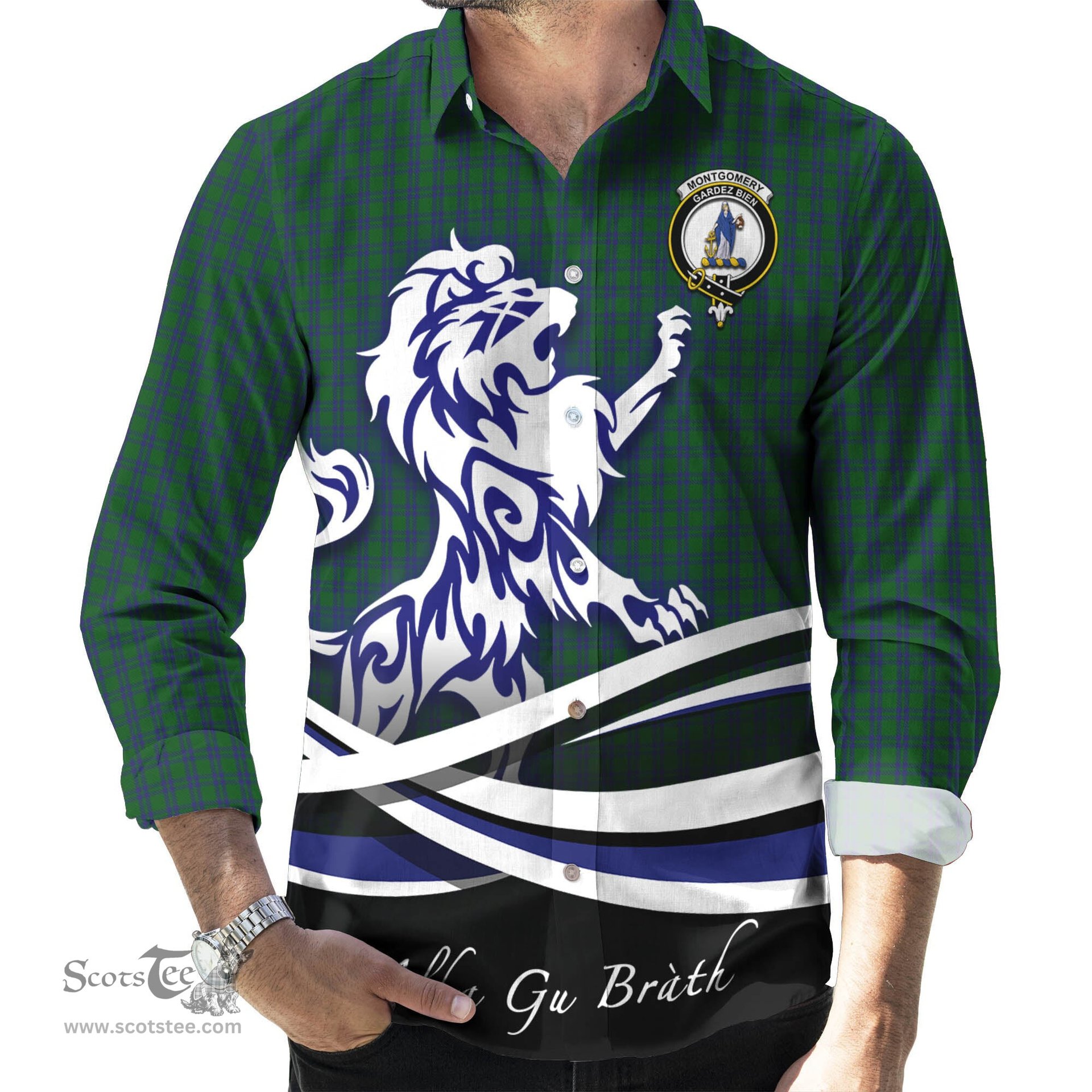 ScotsTee Shop Scottish Montgomery Clan Crest Tartan Alba Gu Brath Regal Lion Emblem Long Sleeve Shirt
