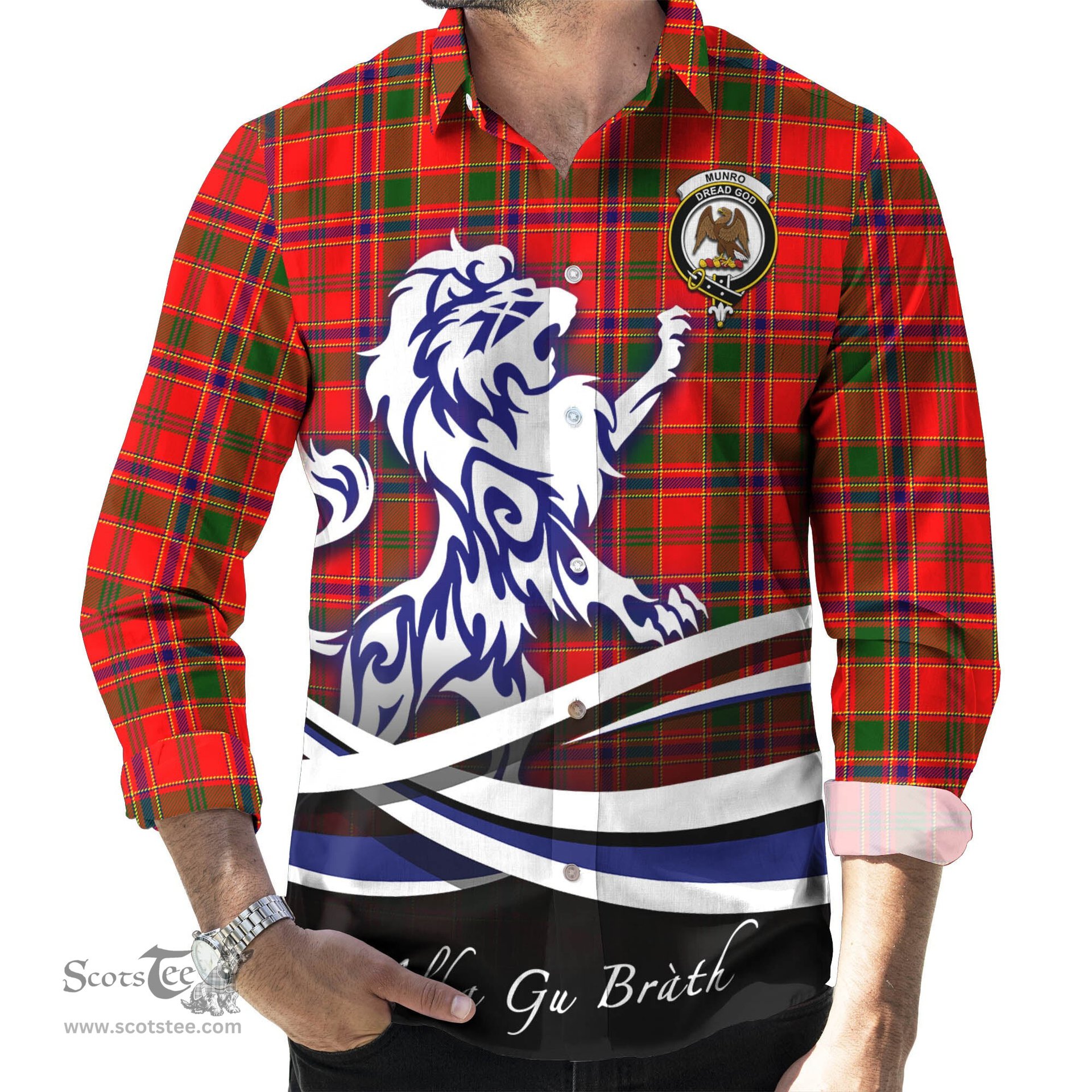 ScotsTee Shop Scottish Munro Modern Clan Crest Tartan Alba Gu Brath Regal Lion Emblem Long Sleeve Shirt