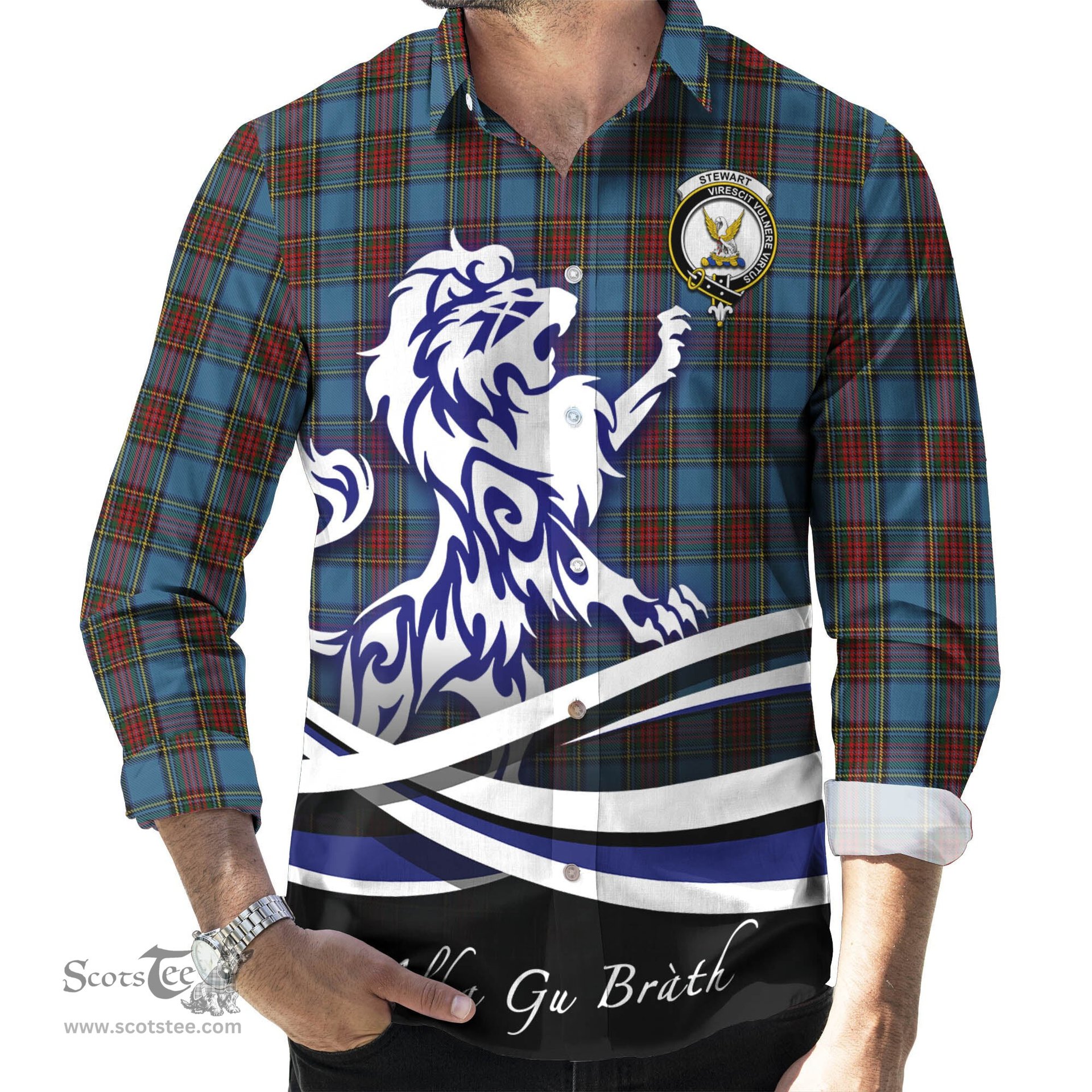ScotsTee Shop Scottish Stewart Royal Blue Clan Crest Tartan Alba Gu Brath Regal Lion Emblem Long Sleeve Shirt