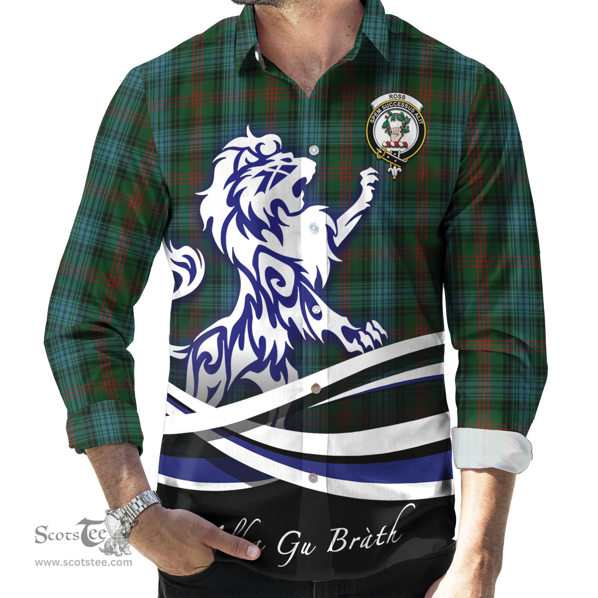 ScotsTee Shop Scottish Ross Hunting Clan Crest Tartan Alba Gu Brath Regal Lion Emblem Long Sleeve Shirt