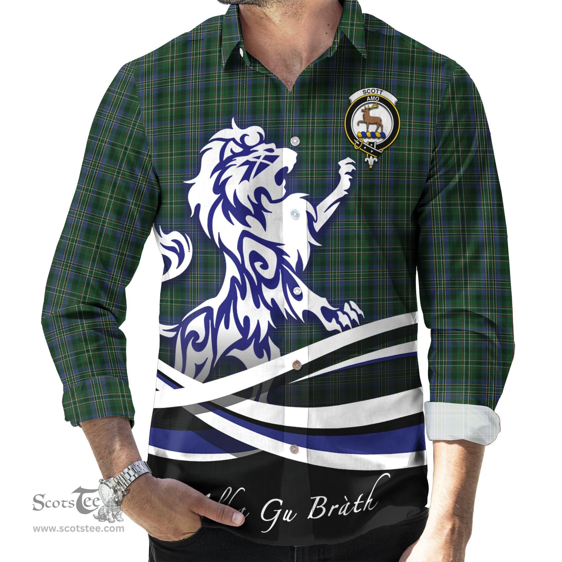 ScotsTee Shop Scottish Scott Hunting Clan Crest Tartan Alba Gu Brath Regal Lion Emblem Long Sleeve Shirt