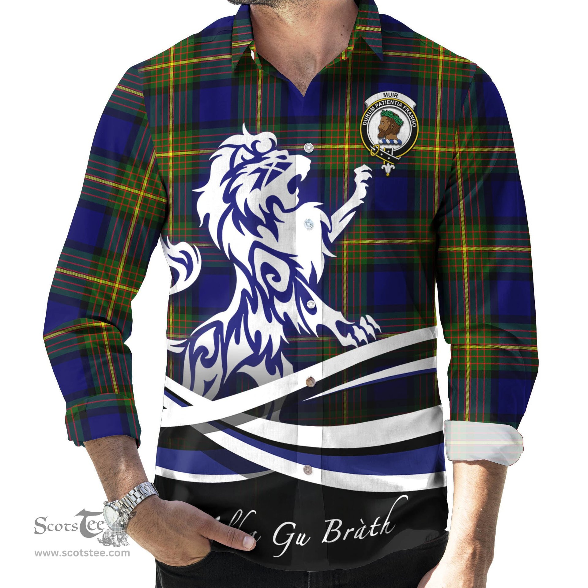ScotsTee Shop Scottish Muir Clan Crest Tartan Alba Gu Brath Regal Lion Emblem Long Sleeve Shirt