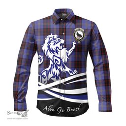 ScotsTee Shop Scottish Rutherford Clan Crest Tartan Alba Gu Brath Regal Lion Emblem Long Sleeve Shirt
