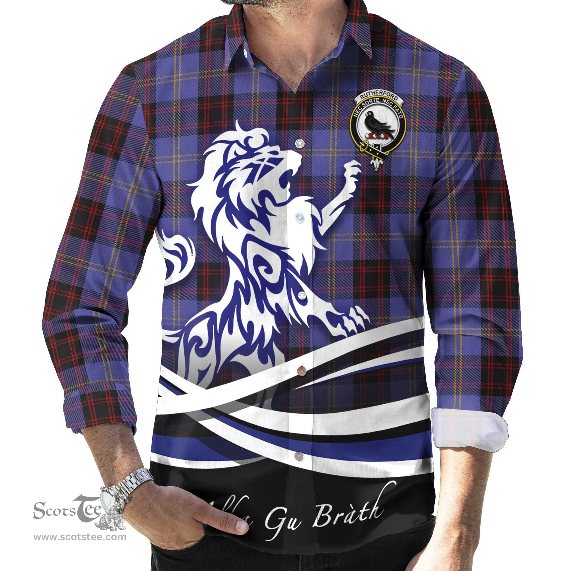 ScotsTee Shop Scottish Rutherford Clan Crest Tartan Alba Gu Brath Regal Lion Emblem Long Sleeve Shirt