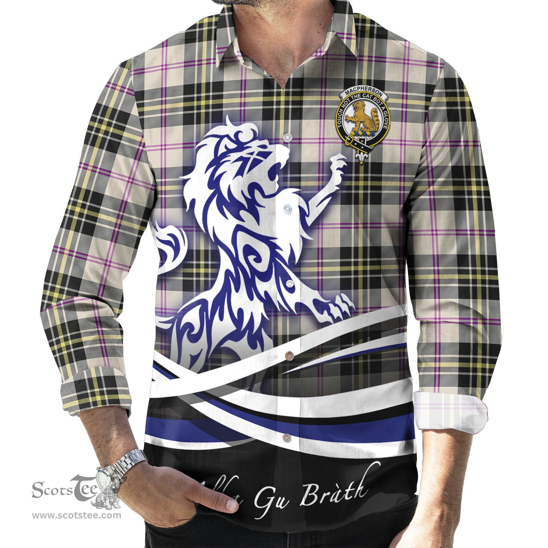ScotsTee Shop Scottish MacPherson Dress Ancient Clan Crest Tartan Alba Gu Brath Regal Lion Emblem Long Sleeve Shirt