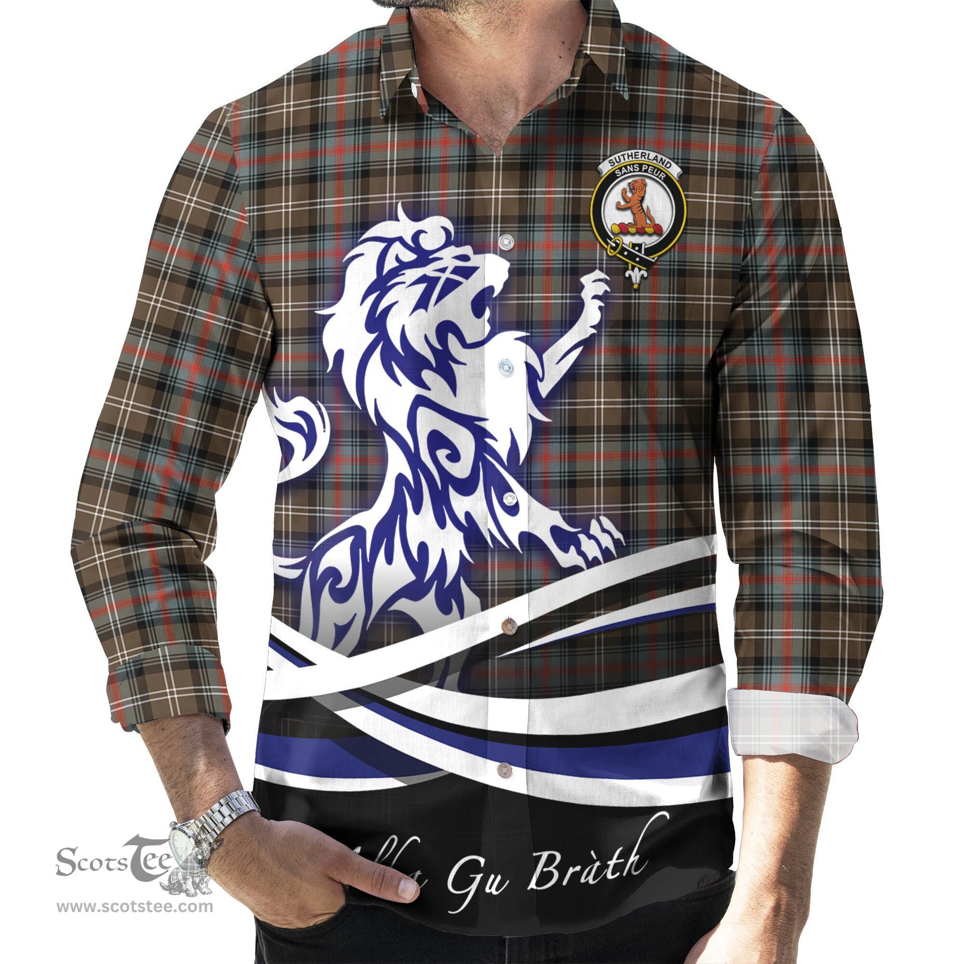 ScotsTee Shop Scottish Sutherland Weathered Clan Crest Tartan Alba Gu Brath Regal Lion Emblem Long Sleeve Shirt
