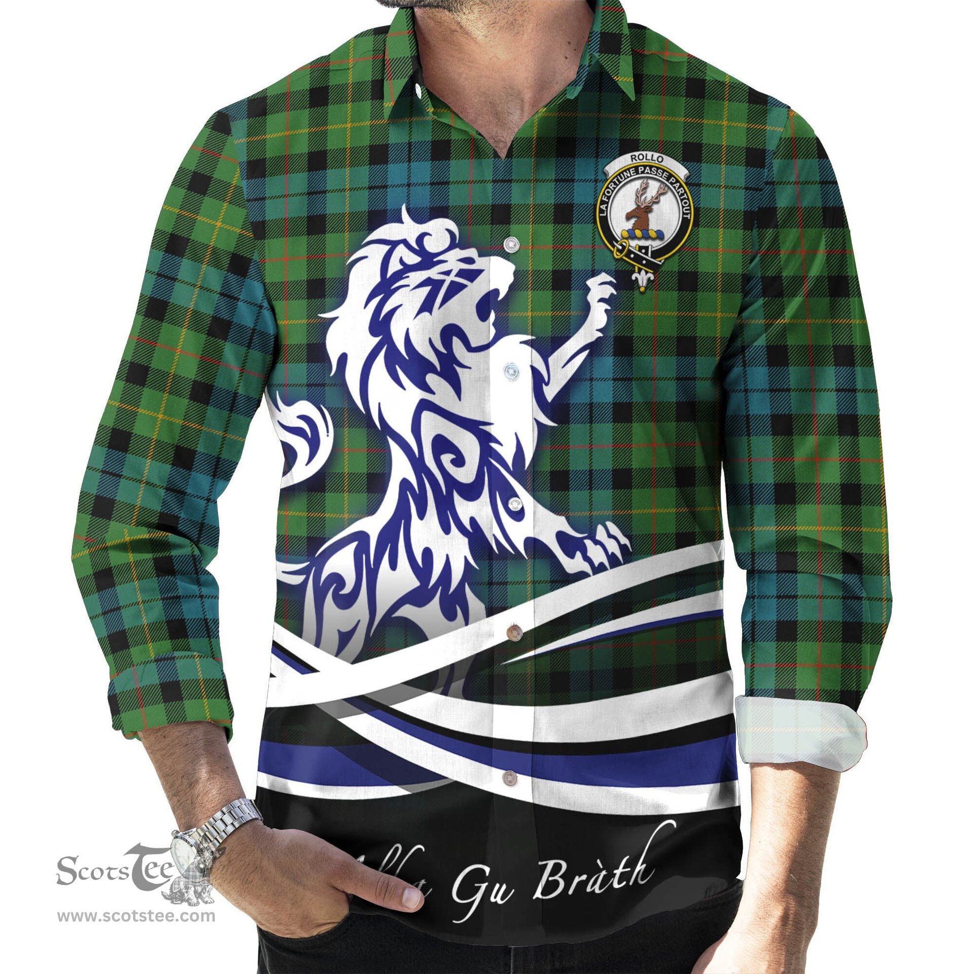 ScotsTee Shop Scottish Rollo Ancient Clan Crest Tartan Alba Gu Brath Regal Lion Emblem Long Sleeve Shirt