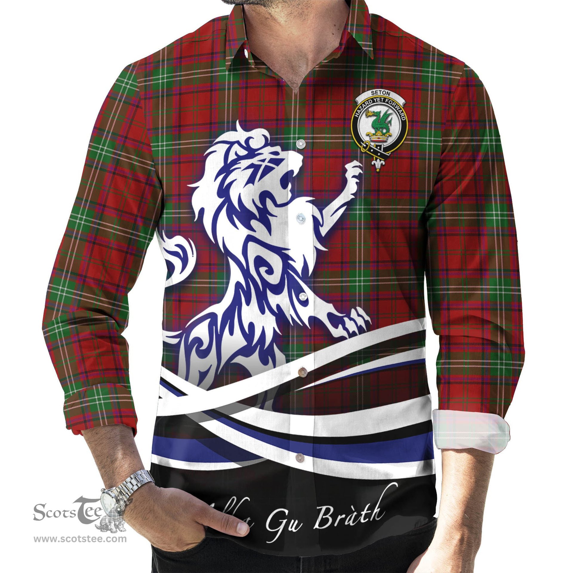 ScotsTee Shop Scottish Seton Clan Crest Tartan Alba Gu Brath Regal Lion Emblem Long Sleeve Shirt