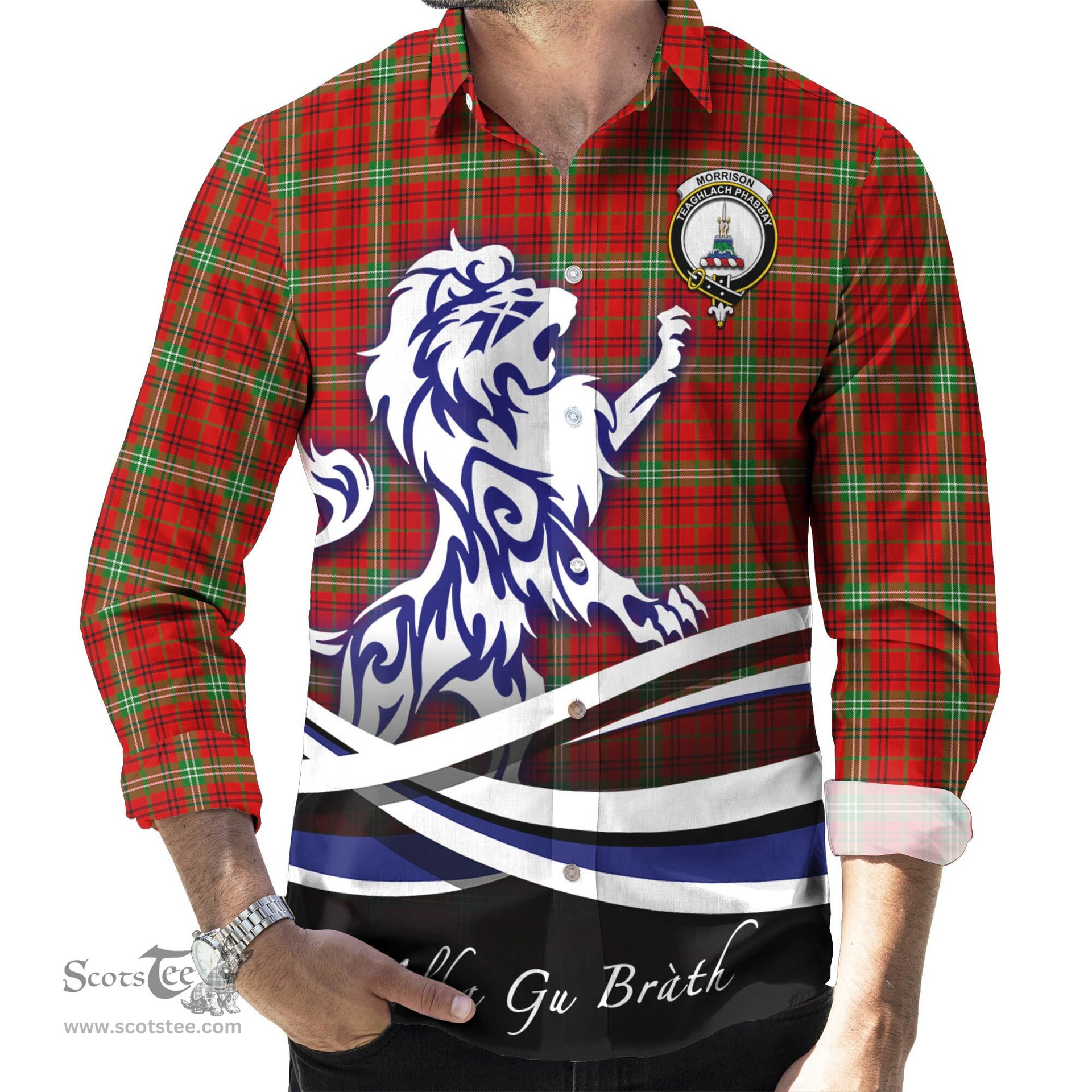 ScotsTee Shop Scottish Morrison Red Modern Clan Crest Tartan Alba Gu Brath Regal Lion Emblem Long Sleeve Shirt