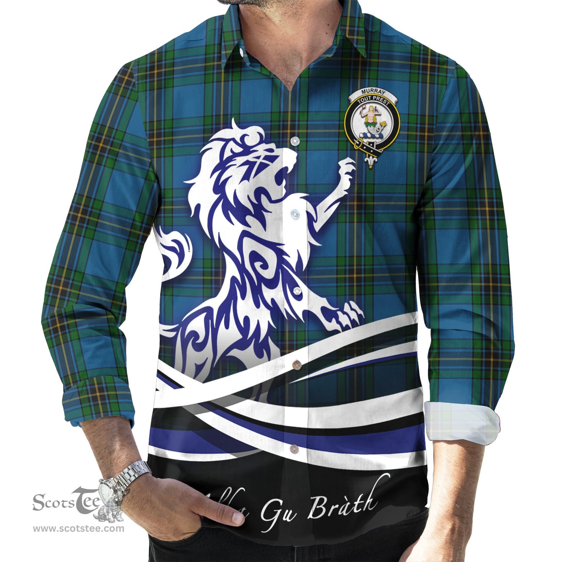 ScotsTee Shop Scottish Murray of Elibank Clan Crest Tartan Alba Gu Brath Regal Lion Emblem Long Sleeve Shirt