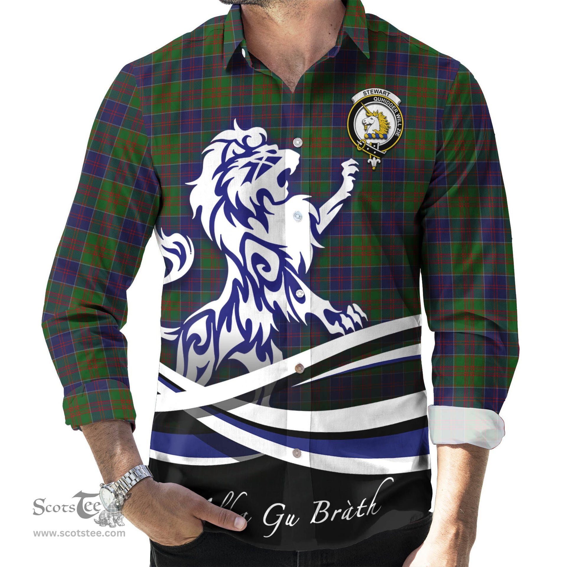 ScotsTee Shop Scottish Stewart of Appin Hunting Clan Crest Tartan Alba Gu Brath Regal Lion Emblem Long Sleeve Shirt