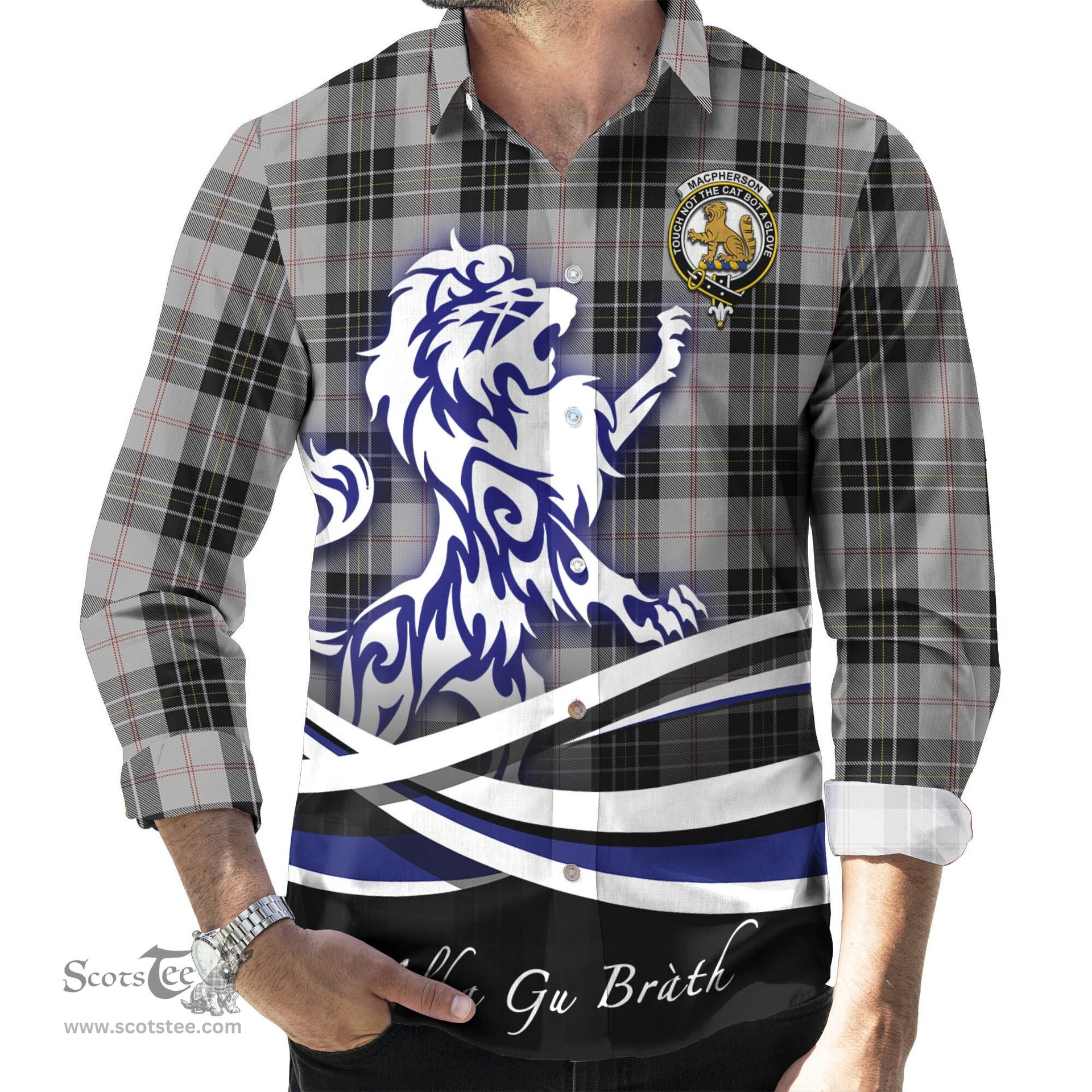 ScotsTee Shop Scottish MacPherson Dress Clan Crest Tartan Alba Gu Brath Regal Lion Emblem Long Sleeve Shirt