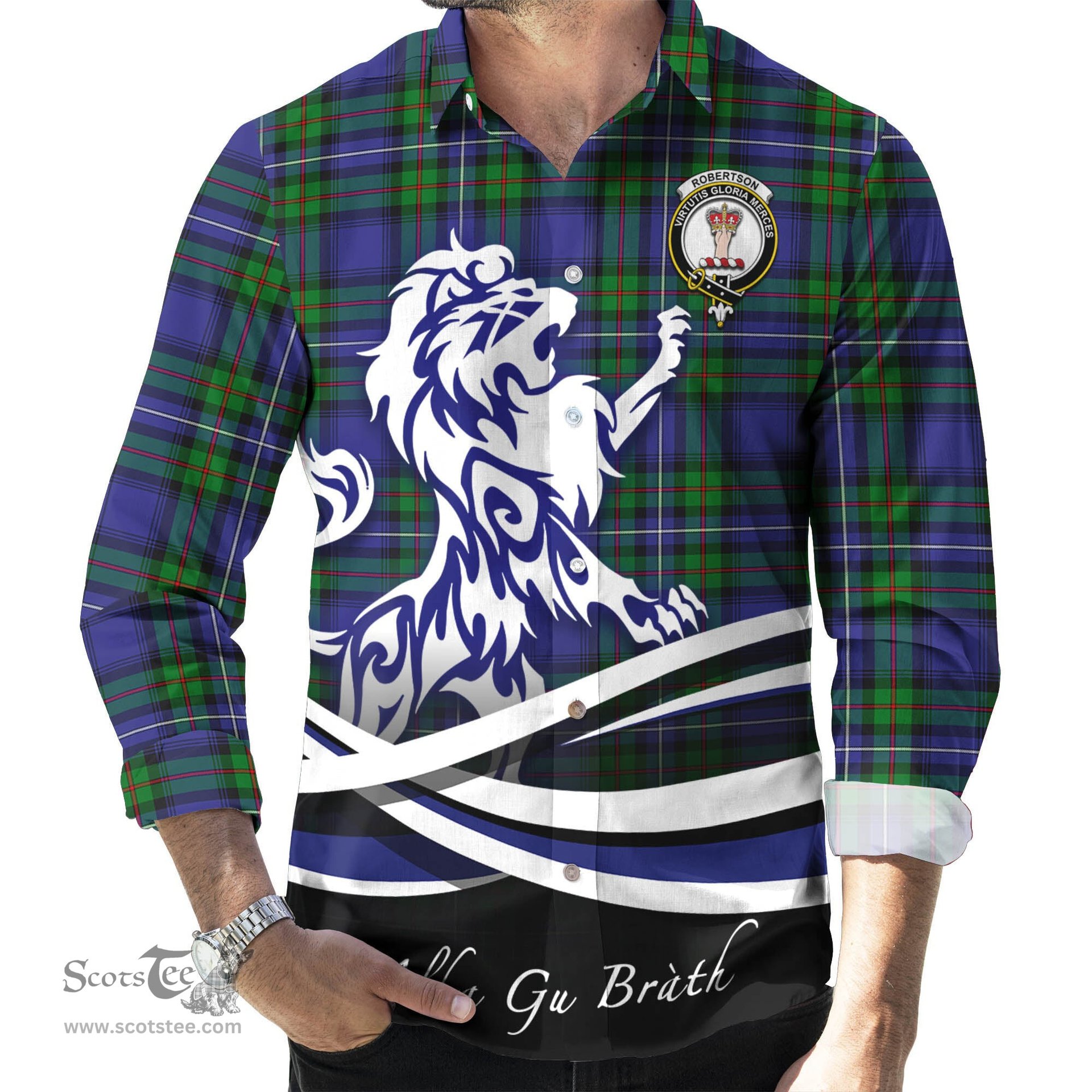 ScotsTee Shop Scottish Robertson Hunting Modern Clan Crest Tartan Alba Gu Brath Regal Lion Emblem Long Sleeve Shirt