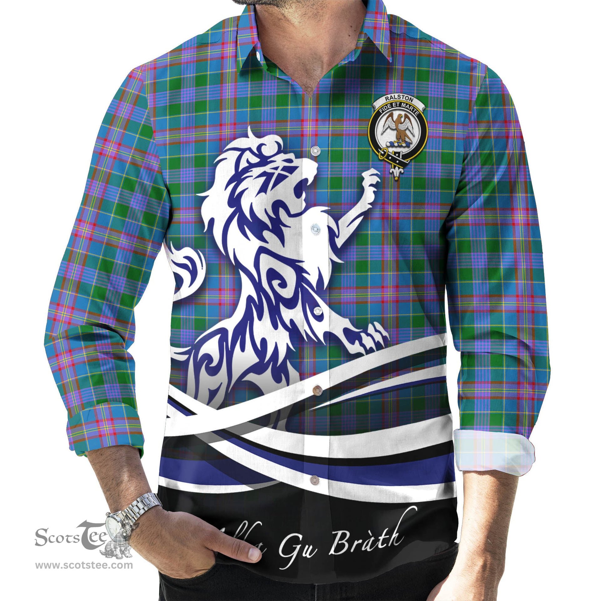 ScotsTee Shop Scottish Ralston Clan Crest Tartan Alba Gu Brath Regal Lion Emblem Long Sleeve Shirt
