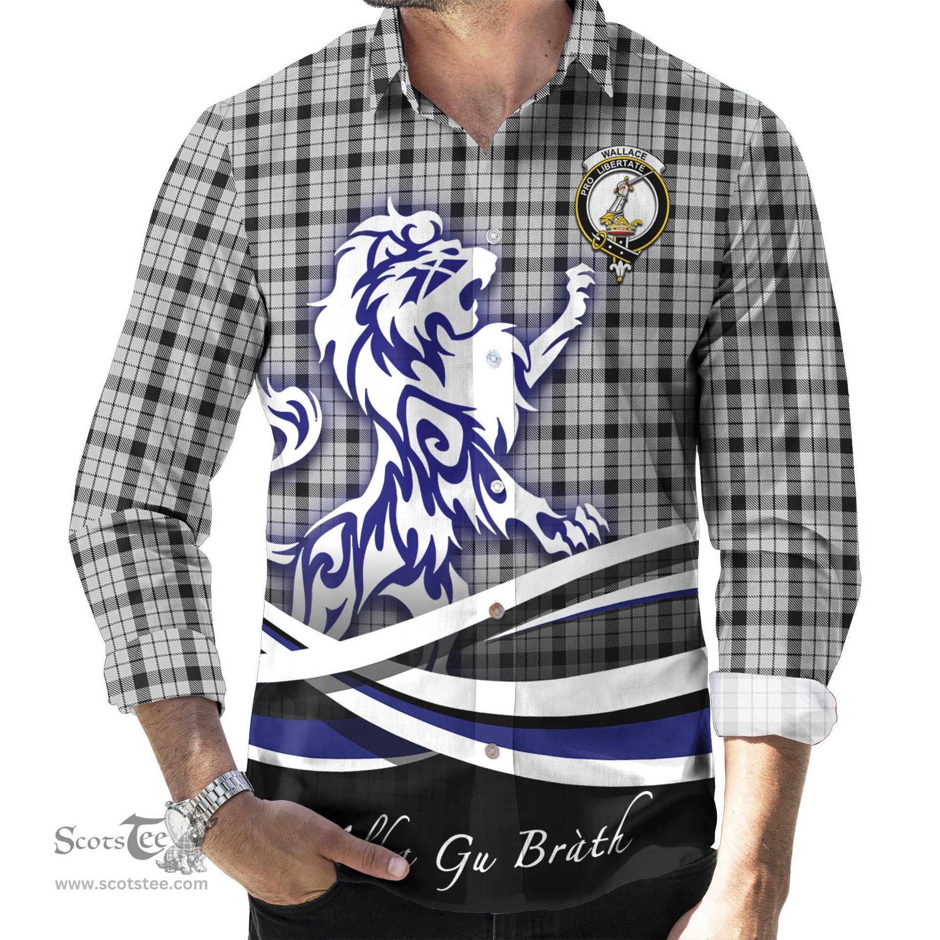 ScotsTee Shop Scottish Wallace Dress Clan Crest Tartan Alba Gu Brath Regal Lion Emblem Long Sleeve Shirt