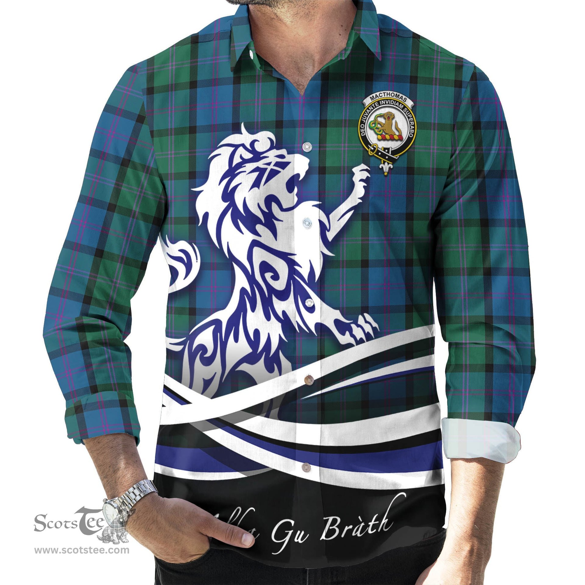 ScotsTee Shop Scottish MacThomas Clan Crest Tartan Alba Gu Brath Regal Lion Emblem Long Sleeve Shirt