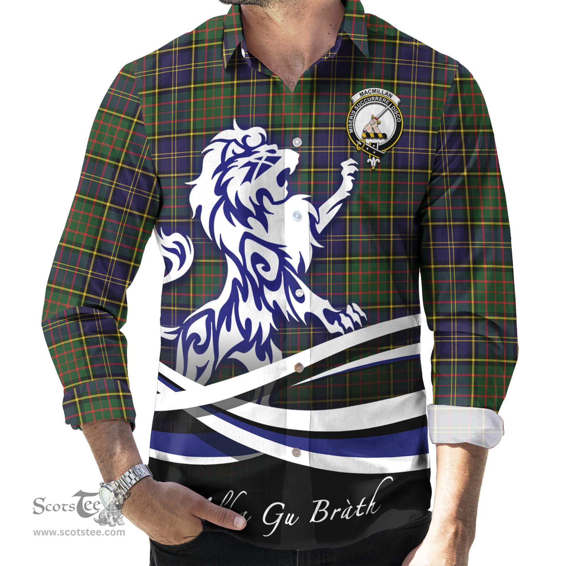 ScotsTee Shop Scottish MacMillan Hunting Modern Clan Crest Tartan Alba Gu Brath Regal Lion Emblem Long Sleeve Shirt