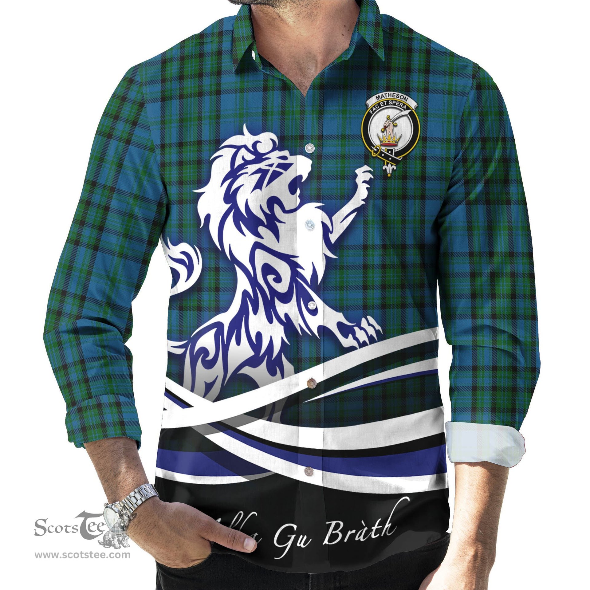 ScotsTee Shop Scottish Matheson Hunting Clan Crest Tartan Alba Gu Brath Regal Lion Emblem Long Sleeve Shirt