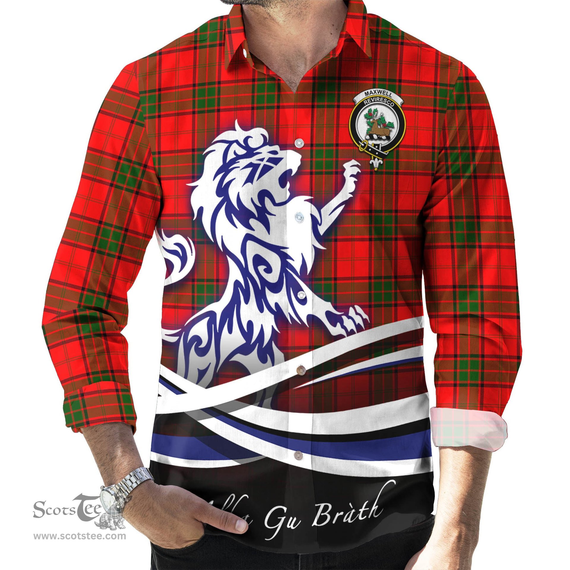 ScotsTee Shop Scottish Maxwell Modern Clan Crest Tartan Alba Gu Brath Regal Lion Emblem Long Sleeve Shirt