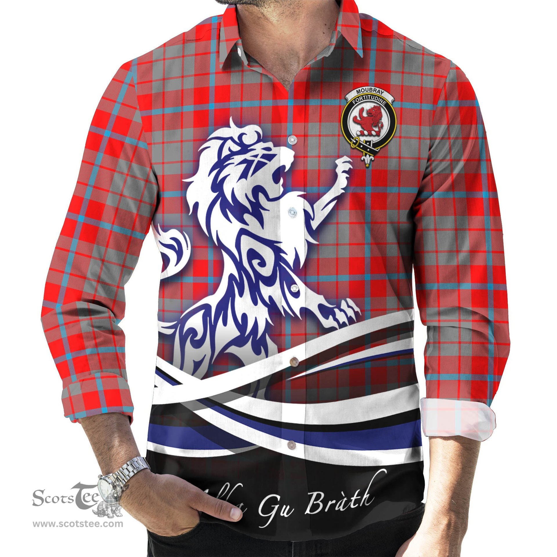 ScotsTee Shop Scottish Moubray Clan Crest Tartan Alba Gu Brath Regal Lion Emblem Long Sleeve Shirt