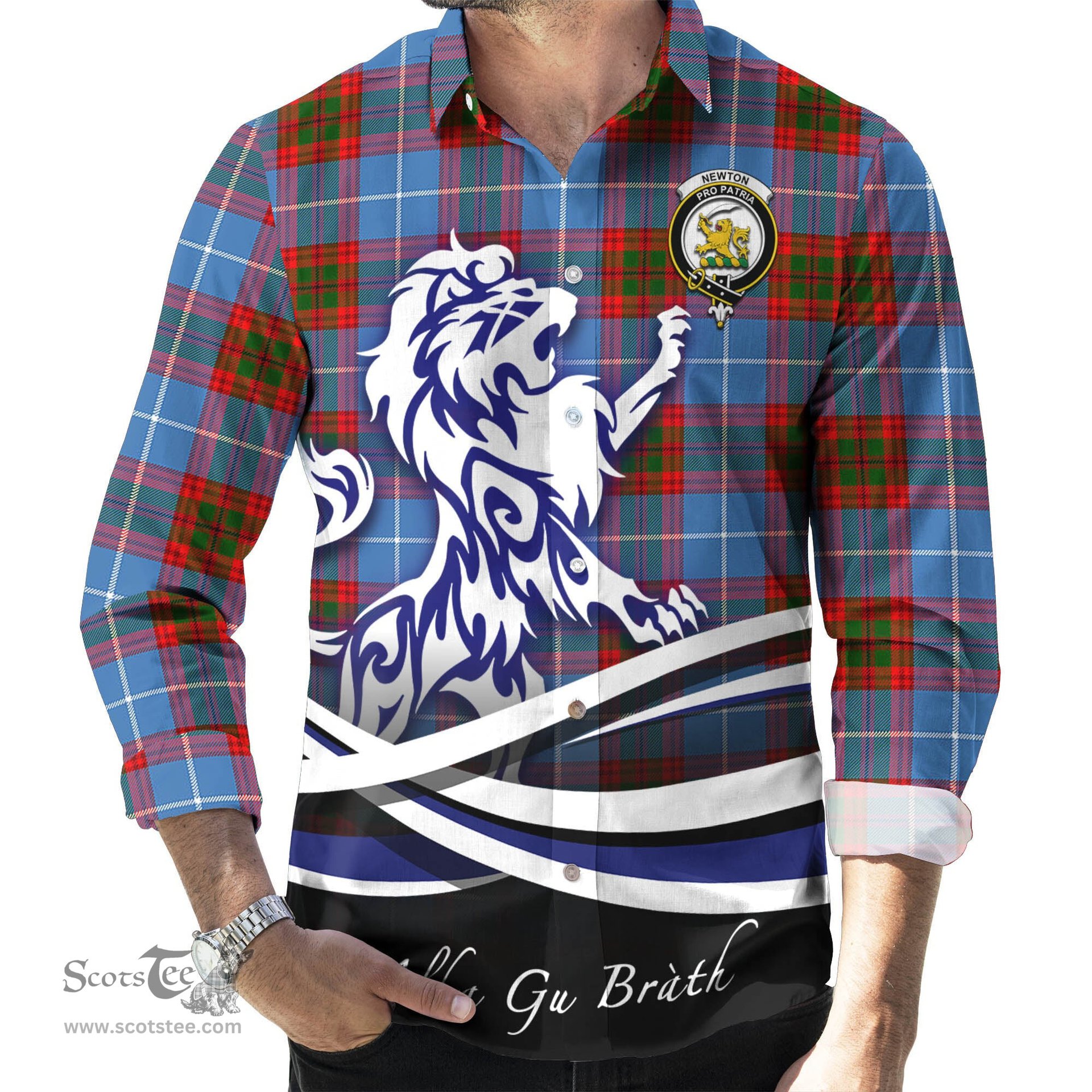 ScotsTee Shop Scottish Newton Clan Crest Tartan Alba Gu Brath Regal Lion Emblem Long Sleeve Shirt