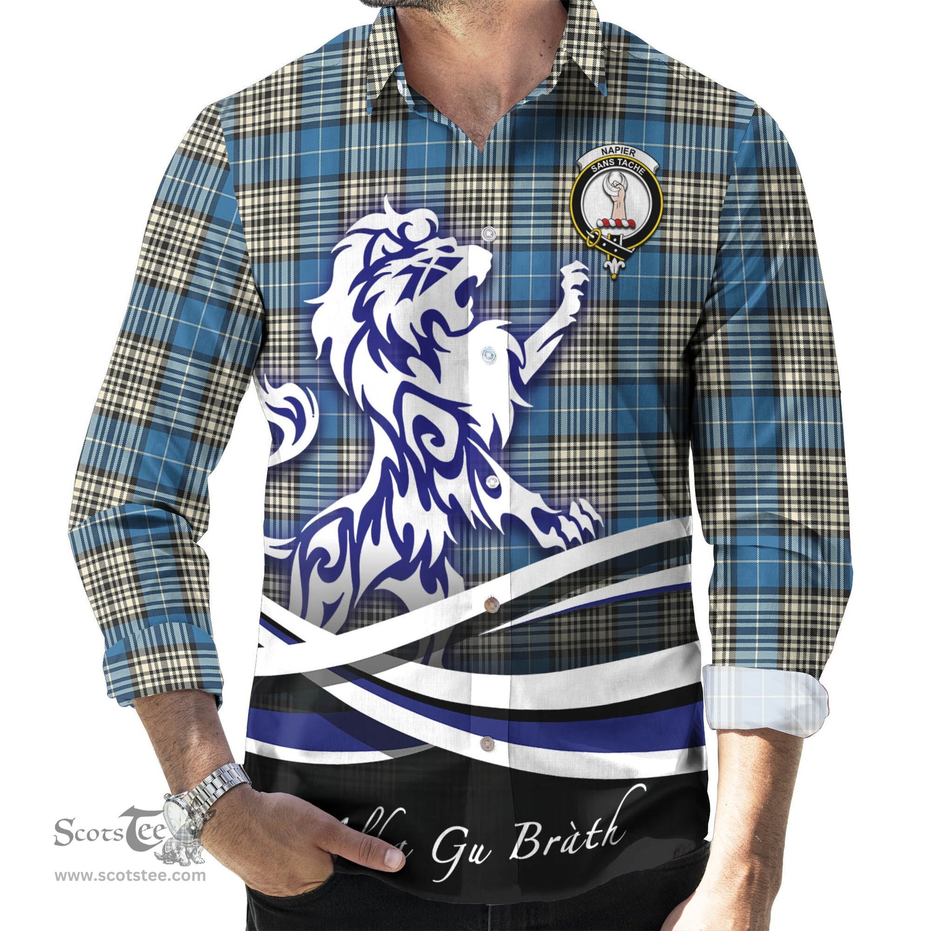 ScotsTee Shop Scottish Napier Ancient Clan Crest Tartan Alba Gu Brath Regal Lion Emblem Long Sleeve Shirt