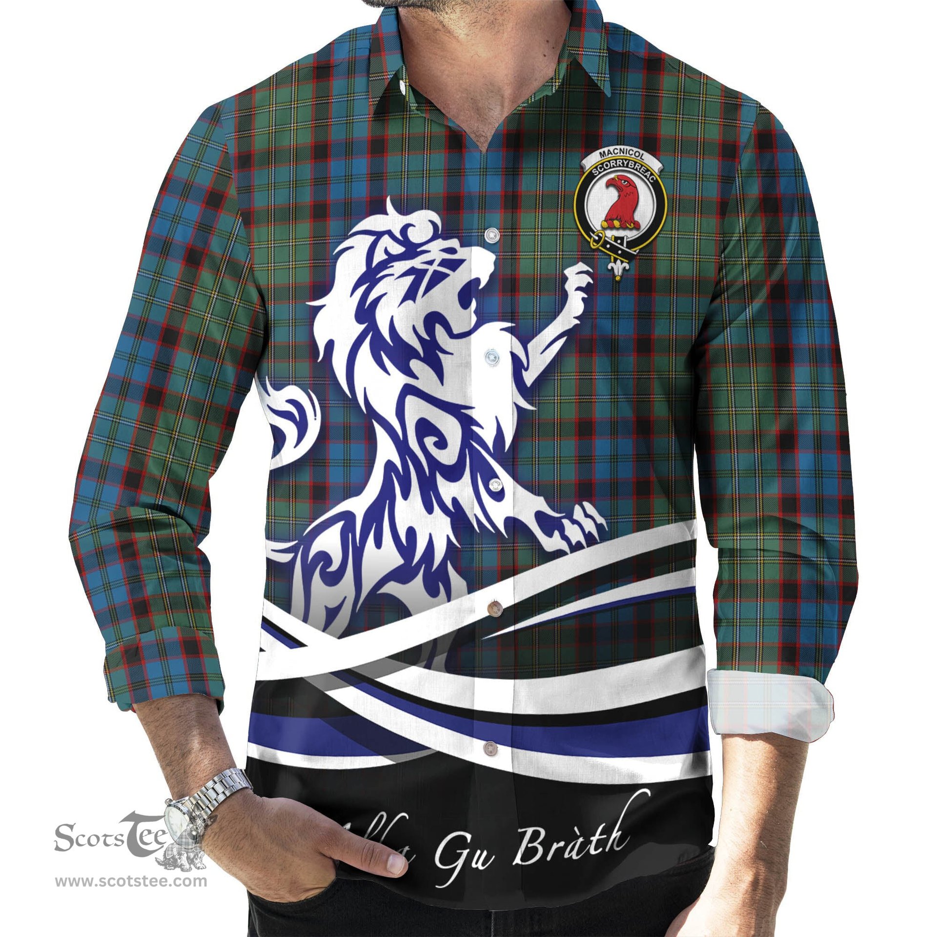 ScotsTee Shop Scottish MacNicol Hunting Clan Crest Tartan Alba Gu Brath Regal Lion Emblem Long Sleeve Shirt