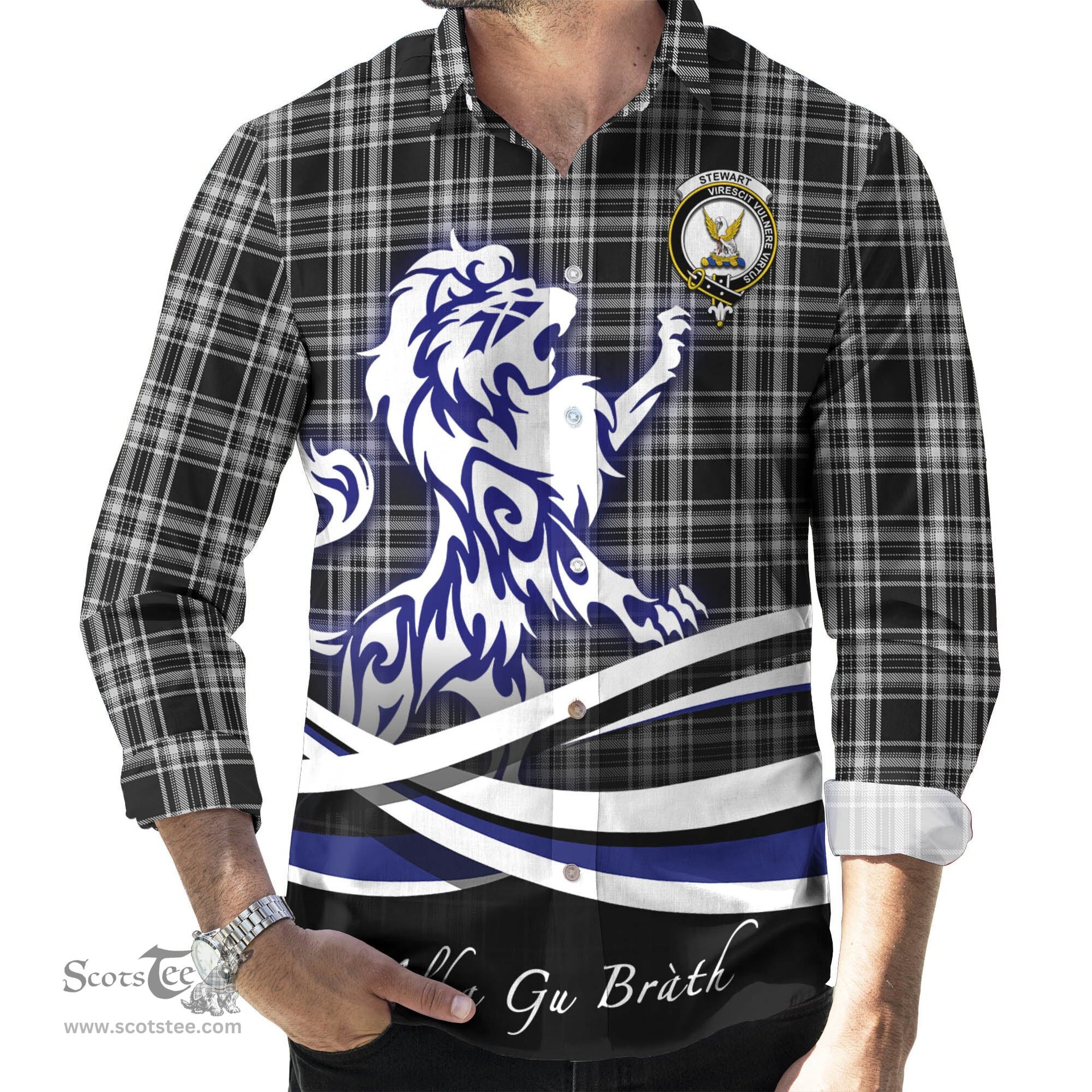 ScotsTee Shop Scottish Stewart Black and White Clan Crest Tartan Alba Gu Brath Regal Lion Emblem Long Sleeve Shirt