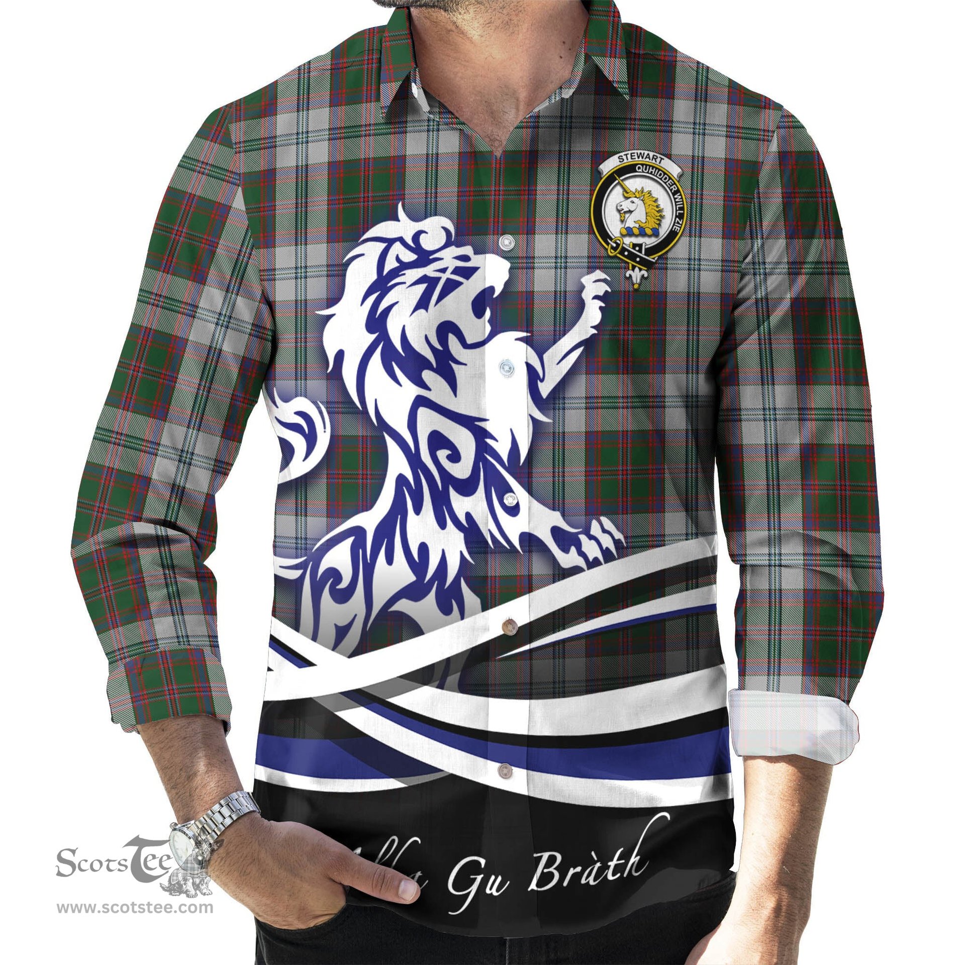 ScotsTee Shop Scottish Stewart of Appin Dress Clan Crest Tartan Alba Gu Brath Regal Lion Emblem Long Sleeve Shirt
