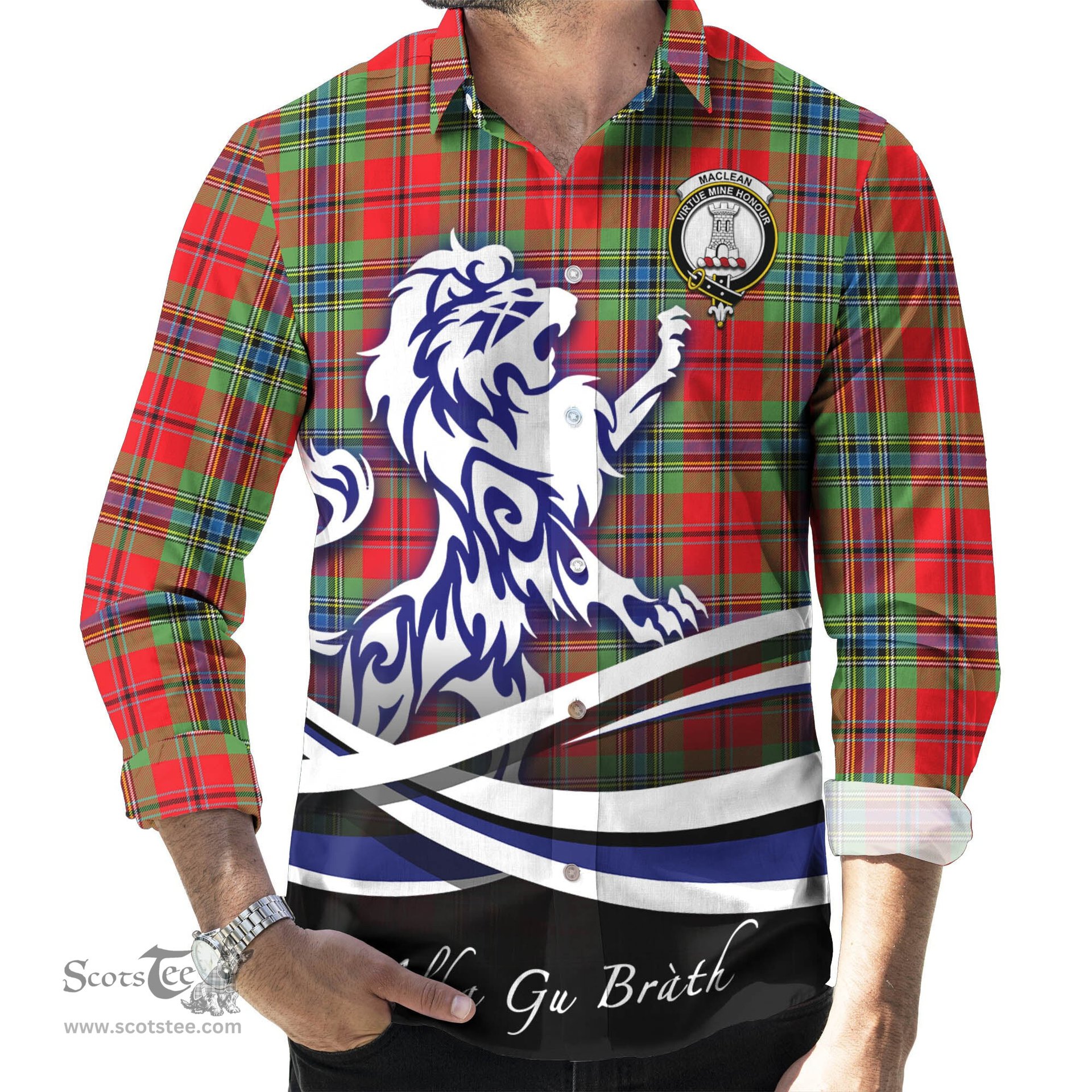 ScotsTee Shop Scottish MacLean of Duart Modern Clan Crest Tartan Alba Gu Brath Regal Lion Emblem Long Sleeve Shirt