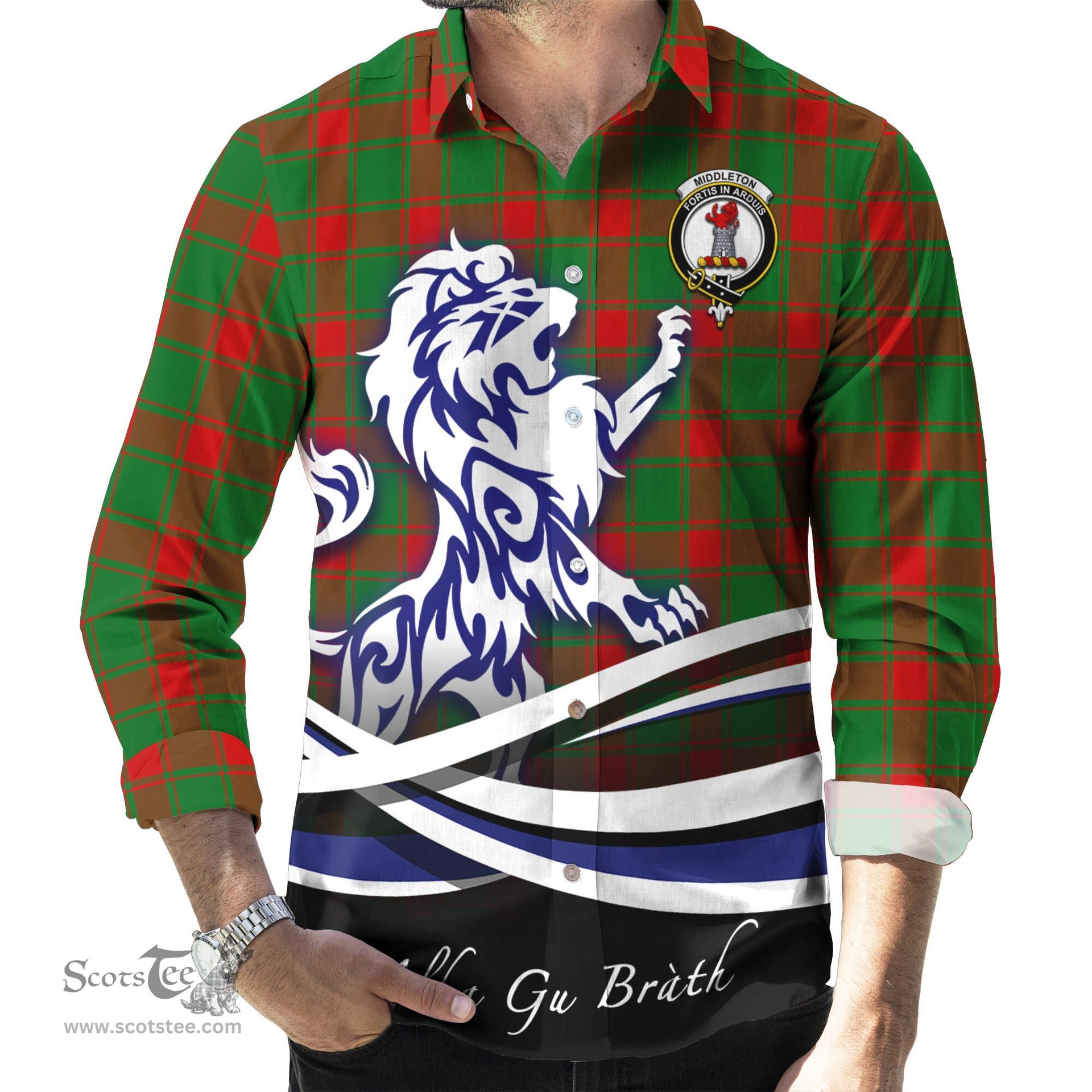 ScotsTee Shop Scottish Middleton Modern Clan Crest Tartan Alba Gu Brath Regal Lion Emblem Long Sleeve Shirt