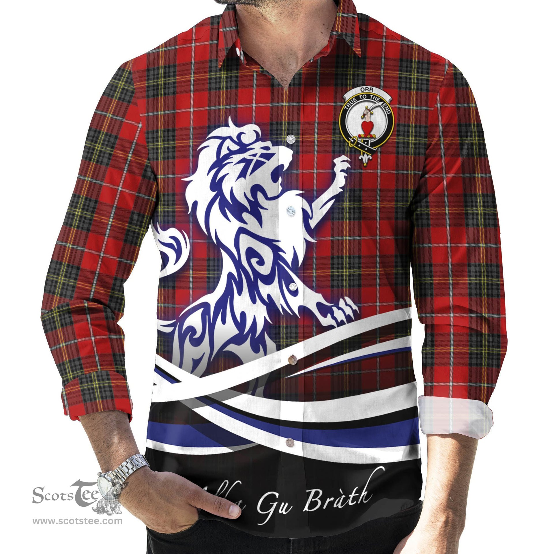 ScotsTee Shop Scottish Orr Clan Crest Tartan Alba Gu Brath Regal Lion Emblem Long Sleeve Shirt
