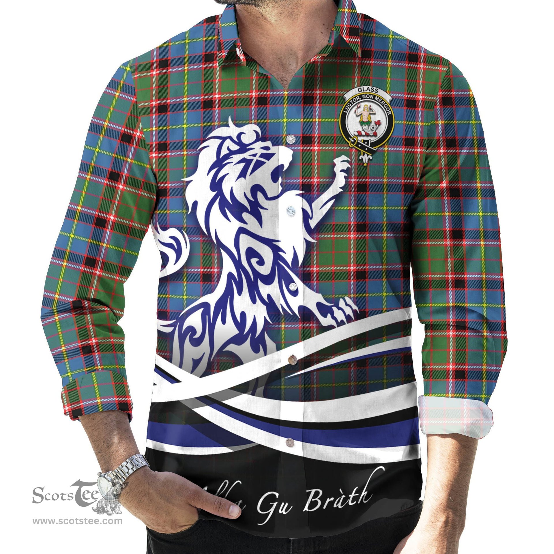 ScotsTee Shop Scottish Glass Clan Crest Tartan Alba Gu Brath Regal Lion Emblem Long Sleeve Shirt
