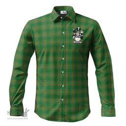 ScotsTee Shop Irish Burton Coat of Arms Crest Ireland Long Sleeve Button Shirt Irish National Tartan Irish Shirt