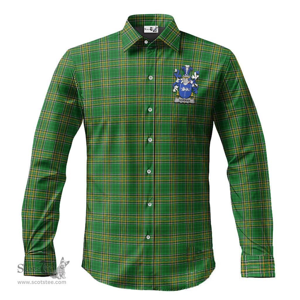 ScotsTee Shop Irish Gorman Coat of Arms Crest Ireland Long Sleeve Button Shirt Irish National Tartan Irish Shirt