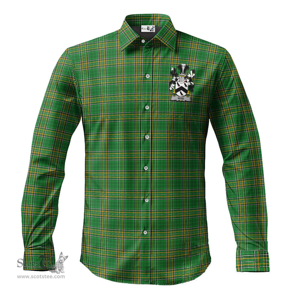 ScotsTee Shop Irish Wise Coat of Arms Crest Ireland Long Sleeve Button Shirt Irish National Tartan Irish Shirt