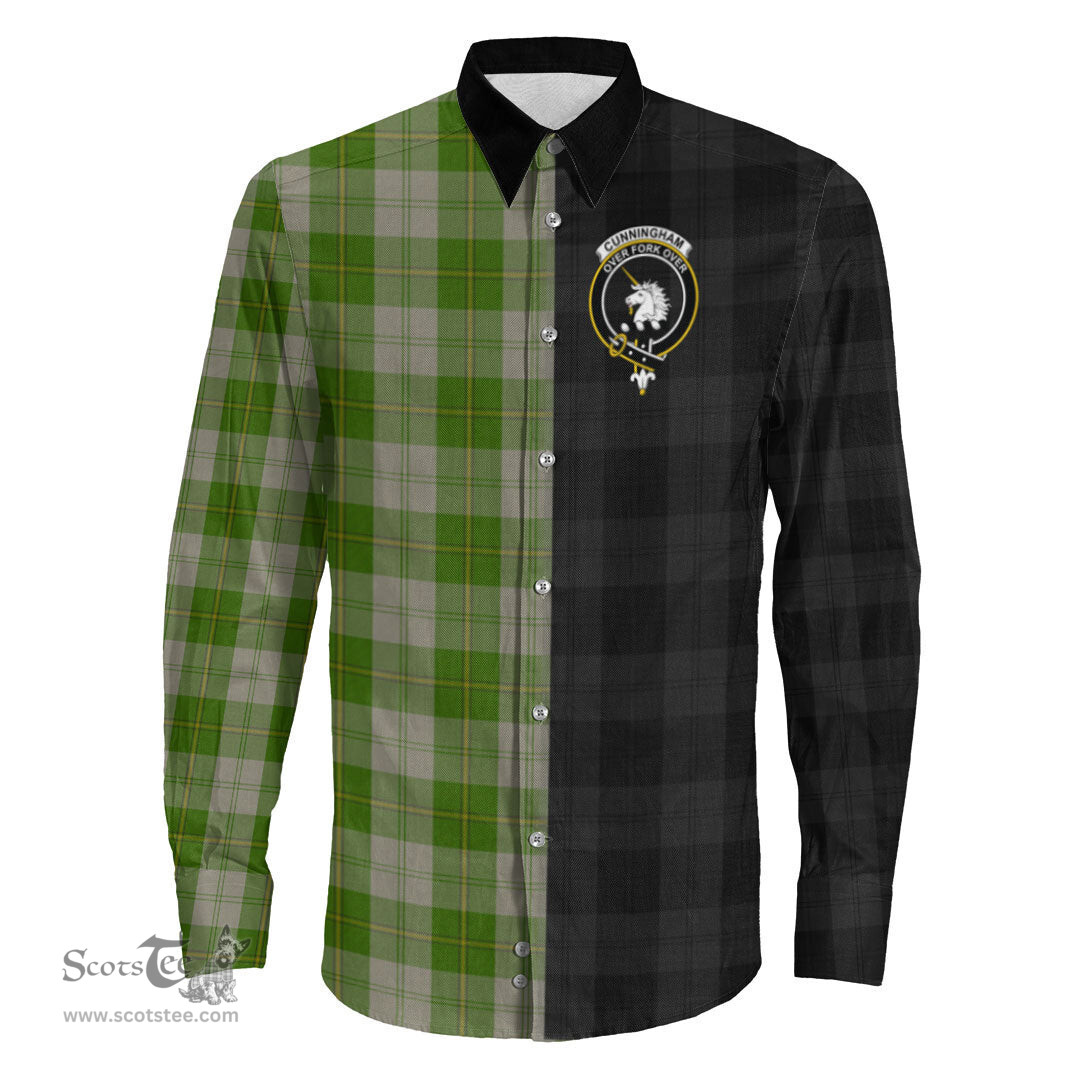 ScotsTee Shop Scottish Cunningham Dress Green Dancers Clan Crest Half Tartan Long Sleeve Shirt