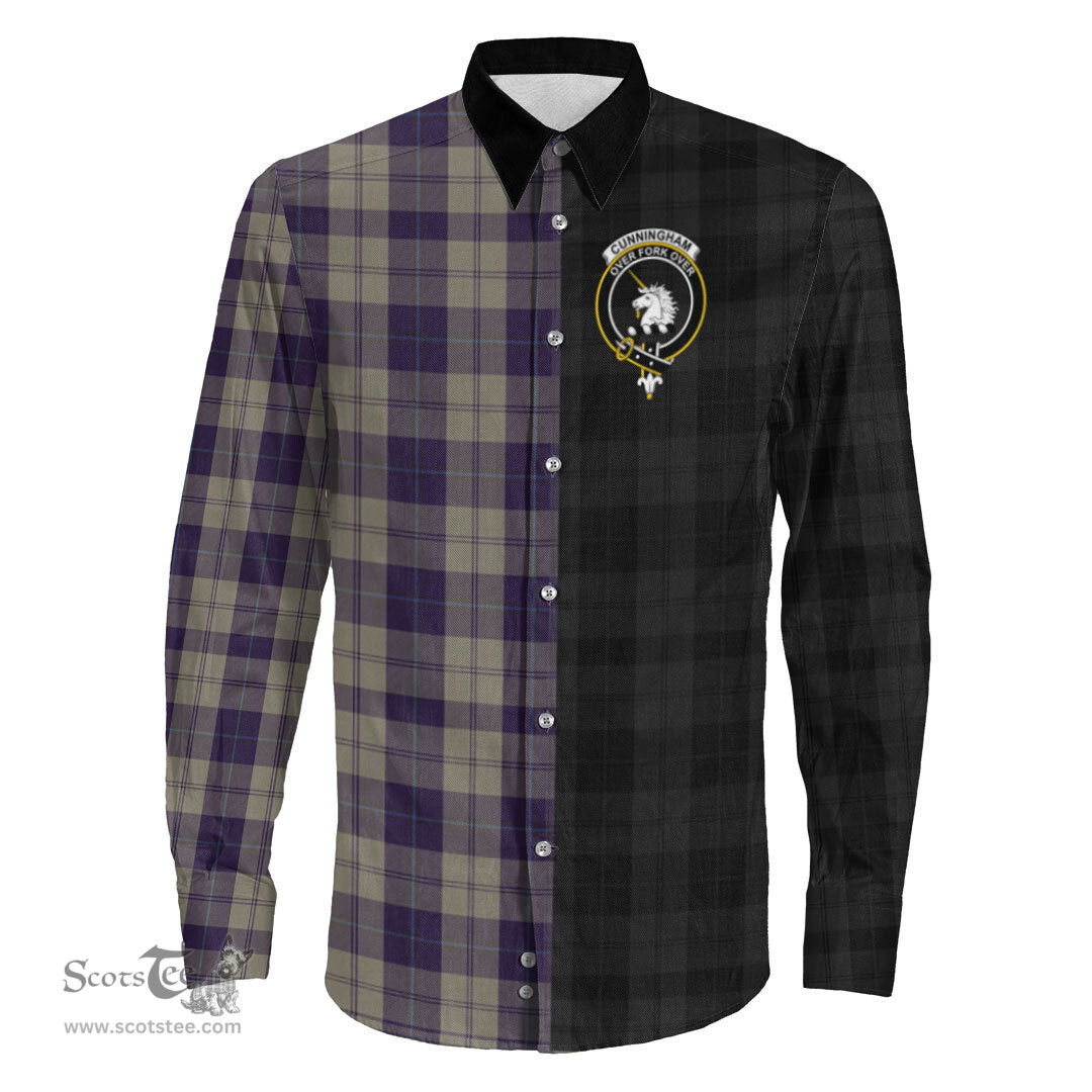 ScotsTee Shop Scottish Cunningham Dress Blue Dancers Clan Crest Half Tartan Long Sleeve Shirt