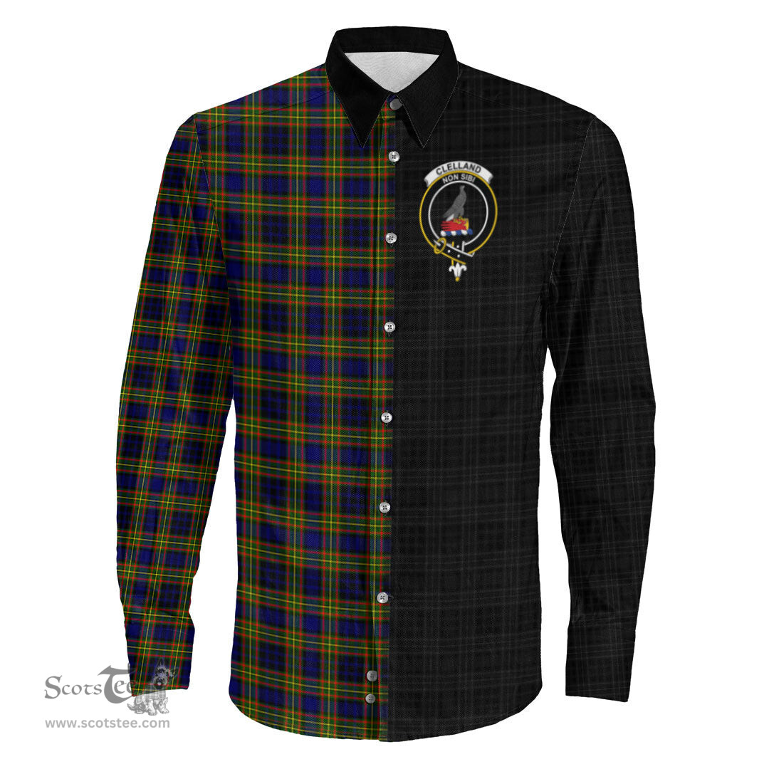 ScotsTee Shop Scottish Clelland Modern Clan Crest Half Tartan Long Sleeve Shirt