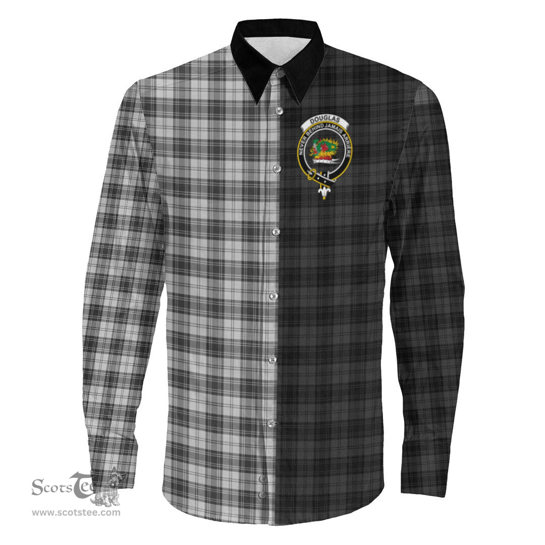 ScotsTee Shop Scottish Douglas Grey Modern Clan Crest Half Tartan Long Sleeve Shirt