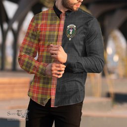 ScotsTee Shop Scottish Buchanan Old Set Weathered Clan Crest Half Tartan Long Sleeve Shirt