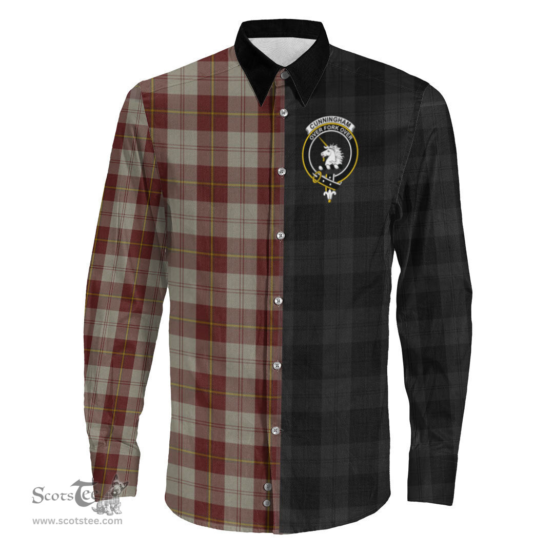 ScotsTee Shop Scottish Cunningham Burgundy Dancers Clan Crest Half Tartan Long Sleeve Shirt